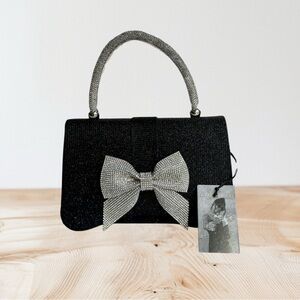 Sincerely Jules Elegant Black Silver Rhinestones Bow Clutch Handbag